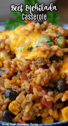 beef enchilada casserole in a blue bowl