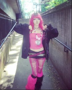 @cheesegirl692 on ig Rave Outfit Y2k, Pink Hair Aesthetic Outfit, 2000 Rave Fashion, Pink N Black Outfit, Early 2000s Rave Fashion, Neon Y2k Outfits, Scene Outfit Inspo 2000s, 2000s Rave Outfits