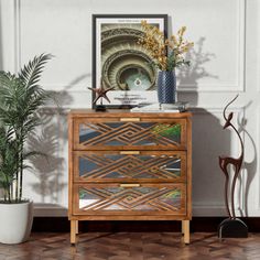 a wooden cabinet with mirrored drawers and plants on it in front of a white wall