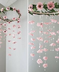 two pictures of pink flowers hanging from the ceiling