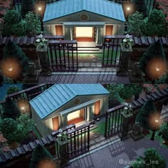 two pictures of a small house in the middle of some trees and bushes at night