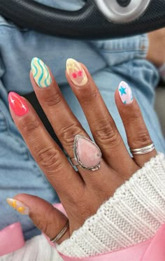 Summer Nails With Cherries, Happy Nail Ideas, Cherry Nails Pink, Cherry Summer Nails, Summer Cherry Nails, Cherry Inspired Nails, Cute Colorful Nails, Mix Match Nail Designs, Fun Design Nails