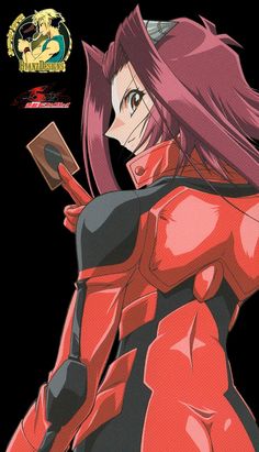 an anime character in red and black with long pink hair, holding a knife on her shoulder