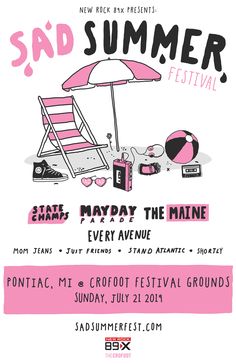 a poster for the summer festival with pink and black graphics on it, including a beach chair