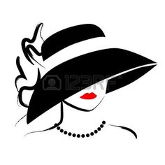 a woman in a black hat with red lips and pearls on her head is wearing a pearl necklace