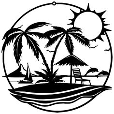 a black and white image of a beach with chairs, umbrellas and palm trees