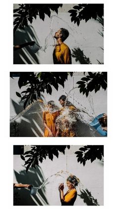 two images of people in yellow shirts playing with water