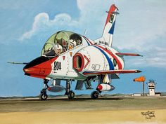 a painting of a fighter jet sitting on top of an airport tarmac with the pilot in the cockpit