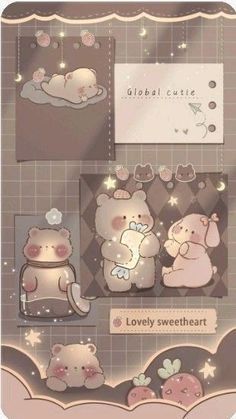 two teddy bears sitting next to each other on top of a tile wall with stars and clouds