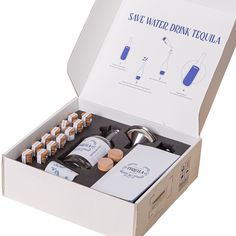 an open box containing several bottles of water