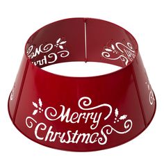 a red christmas lamp shade with white writing on it's side and the words merry christmas written across the bottom