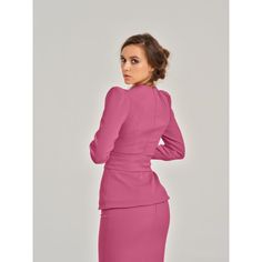 Semi-formal Fitted V-neck Blouse, Fitted V-neck Semi-formal Blouse, Fitted V-neck Blouse For Semi-formal Occasions, Elegant Pink Long Sleeve Blouse, Elegant Crepe Blouse For Work, Elegant Long Sleeve Pink Blouse, Fitted Dress With Padded Blouse, Fitted Chic Elastane Blouse, Pink V-neck Blouse For Formal Occasions