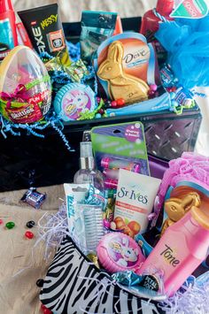 a basket filled with lots of items on top of a table