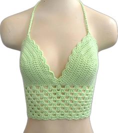 Green Summer Crochet Top With Crochet Trim, Green Crochet Trim Summer Top, Green Handmade Cotton Crochet Top, Green Crochet Lace Crop Top For Summer, Handmade Green Cotton Crochet Top, Green Cotton Crochet Top, Green Crochet Lace Tops For Festival, Green Cotton Crochet Top With Crochet Trim, Stretch Crochet Green Tops