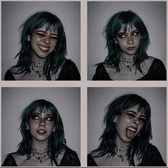 four different pictures of a woman with green hair and piercings on her face, making faces