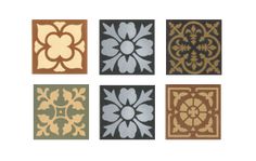 six different colored tile designs on a white background, each with an individual's own flower ornament