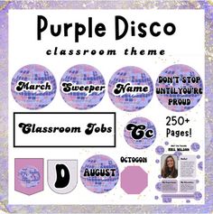 the purple disco classroom theme is featured in this class bulletin board with pictures and text