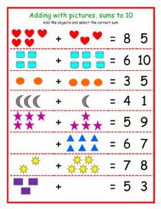 addition worksheet with pictures to 10 and the number ten, which has been added