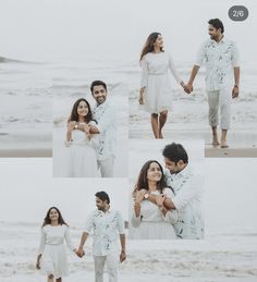 a couple holding hands and walking on the beach in front of the ocean during their engagement session