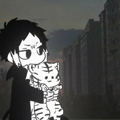 an animated image of a person holding a cat in front of a cityscape