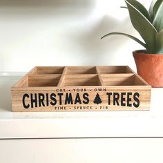 a wooden box filled with christmas trees next to a potted succulent plant