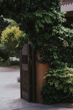 an open gate is surrounded by greenery on the side of a building in front of a tree