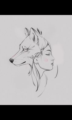 a drawing of a woman and a wolf with their eyes closed in front of the camera