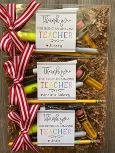 teacher appreciation gift idea for teachers with pencils and markers in a clear box on a wooden table