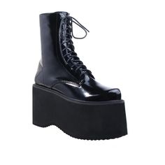 Vegan leather upper with man made sole Side zipper closure Platform measures approx. 4.25" H Imported Goth Platform Boots, Melissa Shoes, Going On A Date, Elegant Shoes, Rock A, Black 7, Platform Boots, Shoe Box, Nice Shoes