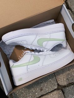 Custom Air Force 1's (AF1s). Sage green, hand-painted.  These classic AF1s are personalized with sage green swooshes and detailing on each shoe which will have everyone turning heads. All shoes are made to order, therefore all orders are unique and no returns/exchanges. Please let me know if you have any colour requests! A message confirmation will be sent regarding size and design, please reply to proceed. Shoes are ordered in Youth Sizing. *Please note - refrain from wearing in rainy weather. Colour Shoes, Shoe Artwork, Looks Hippie, Black Air Force 1, Custom Nike Air Force, Nike Air Force 1s, Basket Style, Air Force 1 Custom, Custom Air Force 1