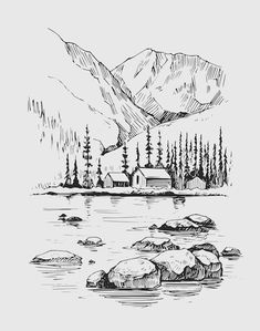 an ink drawing of a mountain lake with rocks and trees in the foreground, surrounded by mountains