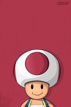 a cartoon character with a mushroom on his head, standing in front of a red background