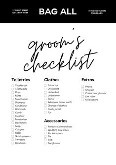 the bag all groom's checklist is shown in black and white with text