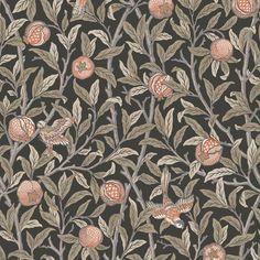 a wallpaper with birds and leaves on it's side, in grey and orange colors