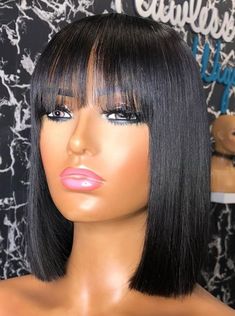 Nice Wigs, Bobbed Hairstyles, Wig Bangs, Cut Bangs, Rihanna Hairstyles, Bob Cut Wigs, Pixie Bob Haircut, How To Cut Bangs, Layered Bob Hairstyles