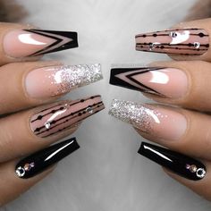 Diy Valentine's Nails, Long Acrylic Nail Designs, Nails Design With Rhinestones, Cute Acrylic Nail Designs, Pretty Nail Art Designs, Sparkle Nails, Metallic Nails, Glam Nails, Nail Designs Glitter