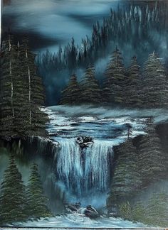 a painting of a waterfall in the woods