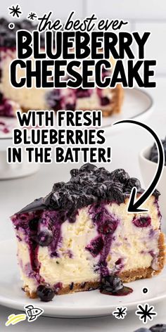 a blueberry cheesecake with fresh blueberries in the batter is on a white plate