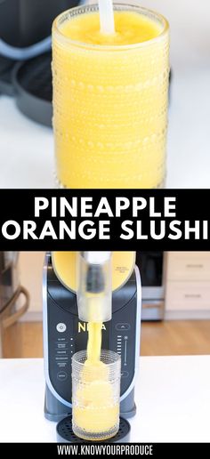 an orange slushie is being poured into a blender with the words pineapple orange slush on it