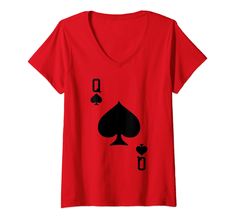 a women's red v - neck t - shirt with black playing cards on it