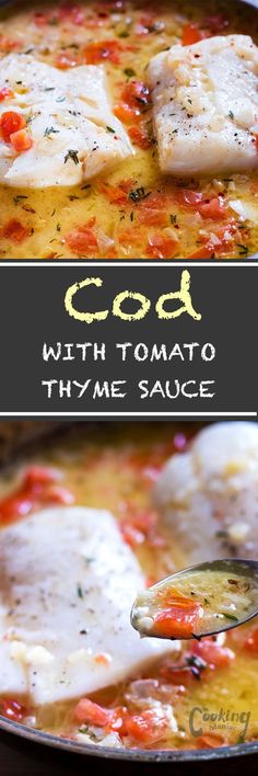 fish and tomato soup in a pan with the words god written above it on top