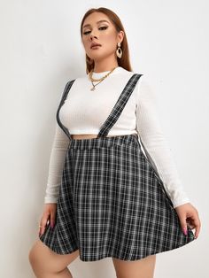 Black and White Glamorous,Preppy   Polyester Tartan Pinafore Embellished Non-Stretch Spring/Fall Plus Size Bottoms Long Jean Skirt, Distressed Jean Skirt, Size 16 Women, Fall Plus Size, Skirt Y2k, Black And White Plaid, Long Sleeve Blouse Pattern, Long Jeans