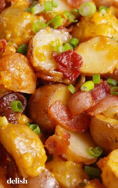 closeup of potatoes with bacon and green onions