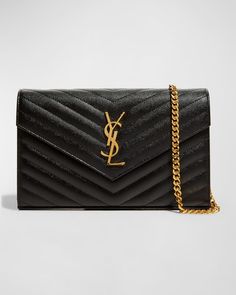 Saint Laurent YSL Monogram Large Wallet on Chain in Grained Leather Quilted Wallet, Saint Laurent Bags, Ysl Logo, Saint Laurent Wallet, Wallet On Chain, Large Wallet, Saint Laurent Bag, Wallet Chain, Coin Pouch