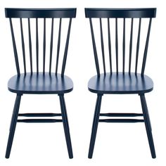 two black wooden chairs side by side on a white background with one chair facing the other