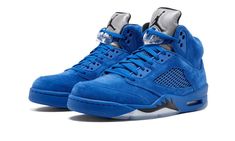 The "Blue Suede" rendition of the Air Jordan 5 Retro is a highlight of Jordan Brand's Fall 2017 offerings.  This pair arrives after its all-red counterpart, also constructed in premium suede.  Both shoes feature “Flight Suit” themed colorways inspired by vintage Air Jordan warm-up suits.  Classic Air Jordan 5 design cues, including a reflective silver tongue and clear outsole, give this vibrant lifestyle rendition a familiar look.  Jumpman branding on the tongue and heel make the cypher complete Nike Air Jordan 5, Basket Style, Shoes Sneakers Jordans, Jordan 5 Retro, Nike Air Jordan Retro, Air Jordan 5 Retro, Air Jordan Retro, Charlotte Hornets, Nike Air Jordans