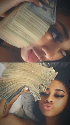 a woman with her eyes closed and money in front of her face