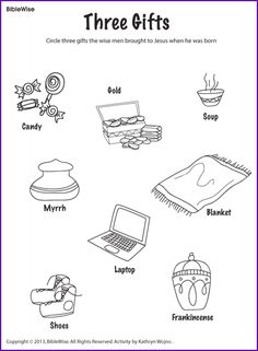 three gifts worksheet with pictures and words to help kids learn how to use them