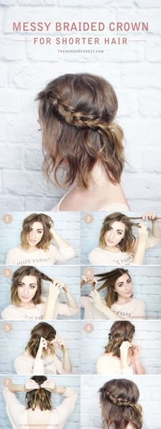 DIY Hairstyles | Messy Braided Crown for Shorter Hair | Step-By-Step Tutorial Festival Hair Tutorial, Skirt Diy, Step By Step Hairstyles, Short Hair Tutorial, Short Straight Hair