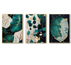 three paintings with green leaves and gold foil on them, one in the shape of a leaf